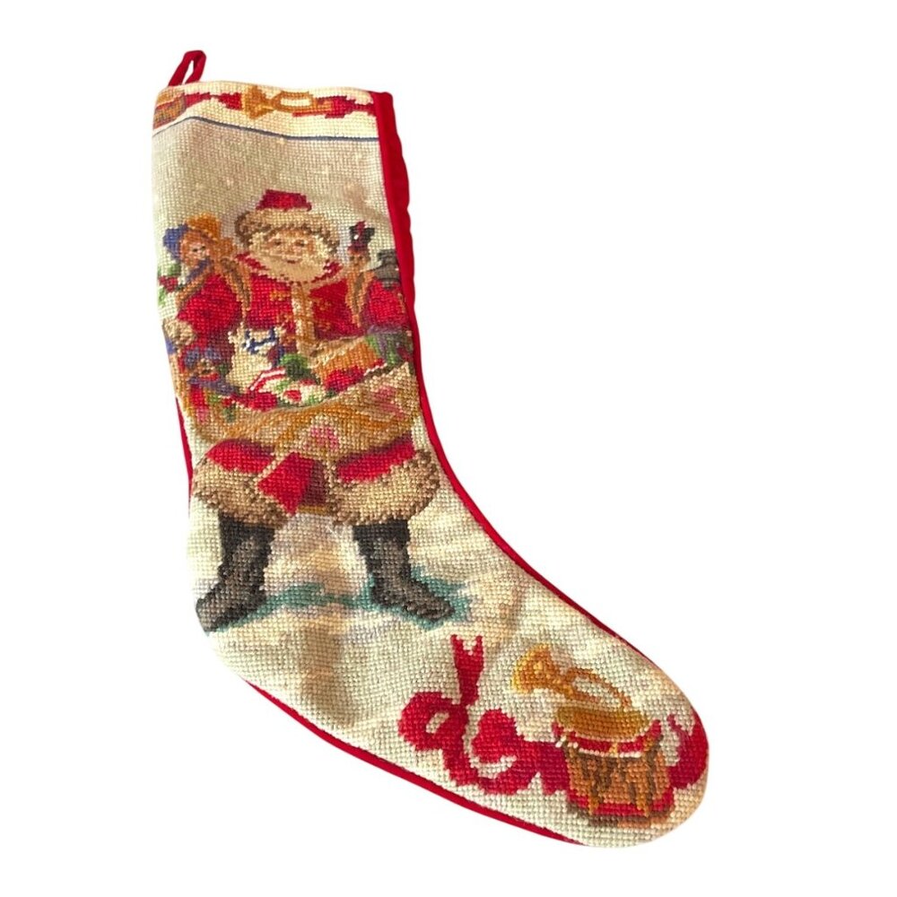 Vintage Needlepoint Christmas Stocking Santa Claus Design & Red Velvet Backing